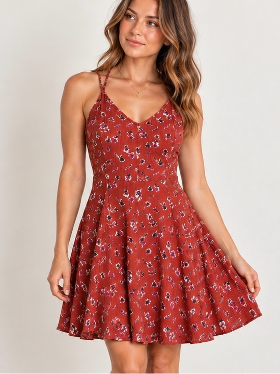 American Eagle Outfitters Dresses & Skirts - American Eagle Ditsy Floral Ribbed Mini Dress 10 Criss Cross Back Fit Flare